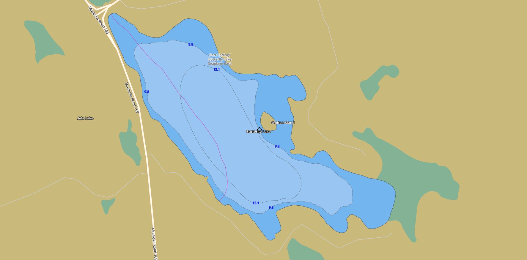 Contour Map of Butterfly Lake in Municipality of Muskoka Lakes and the District of Muskoka